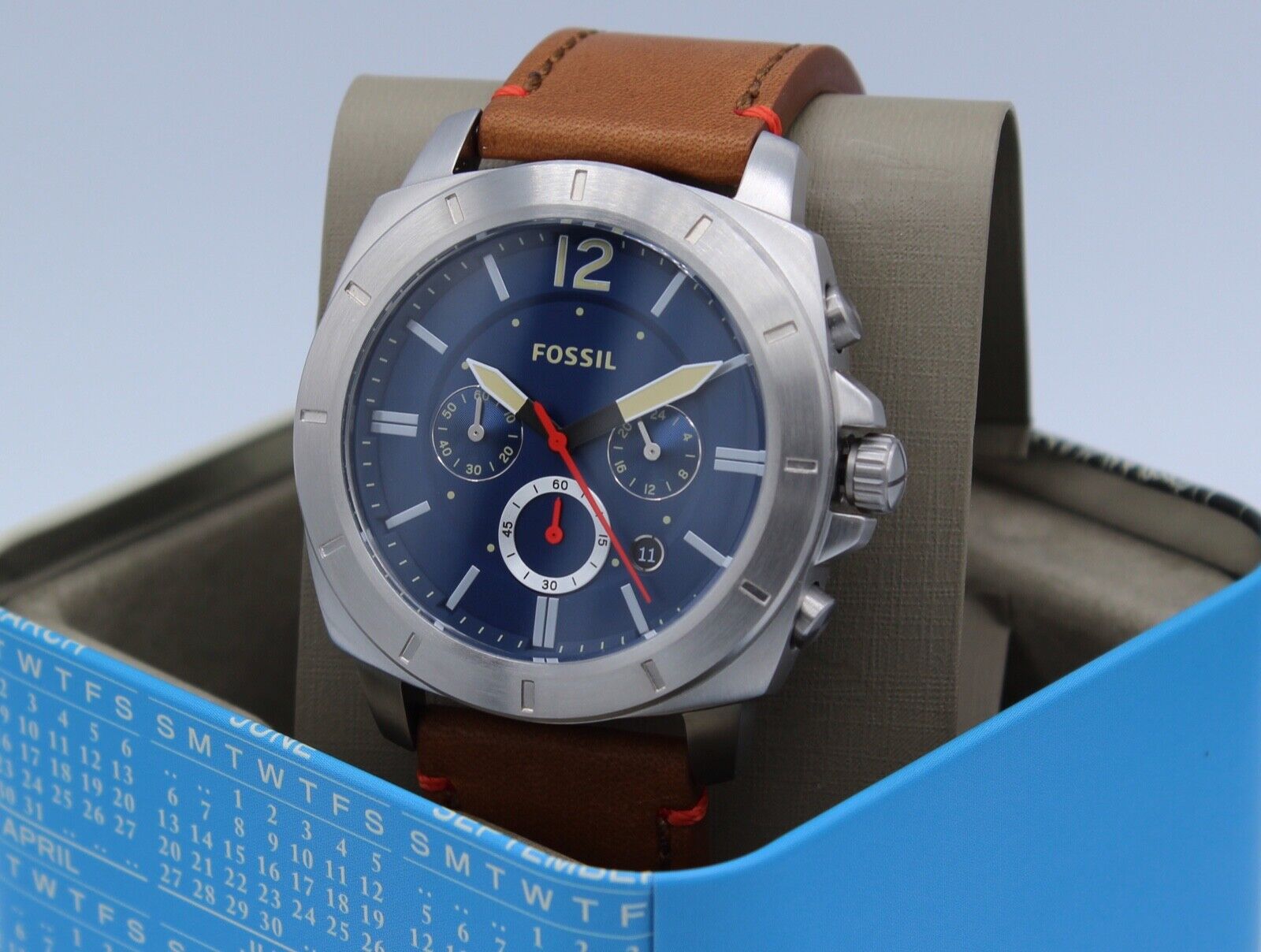 NEW AUTHENTIC FOSSIL PRIVATEER CHRONO SILVER BLUE BROWN LEATHER