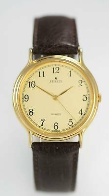 Jemis Beige Mens Stainless Silver Gold Brown Leather Quartz