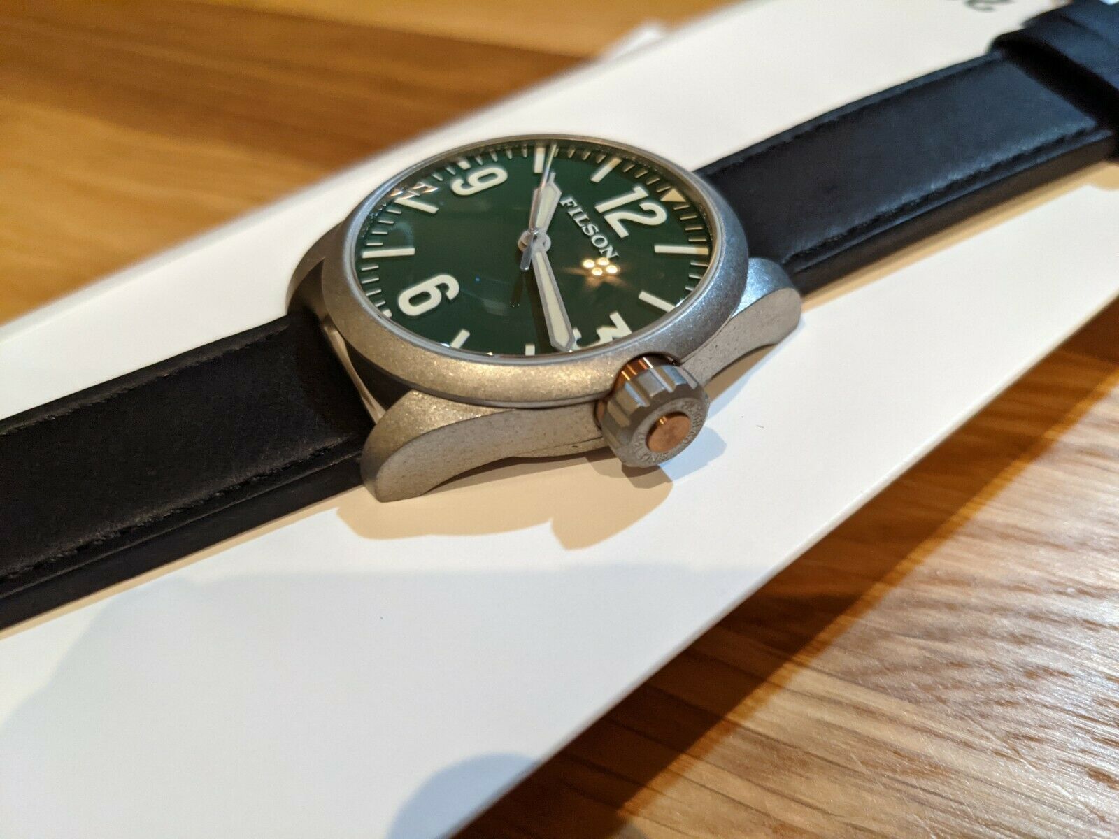 Filson Field Watch 41mm SS Case w Black Leather Strap - Green Dial