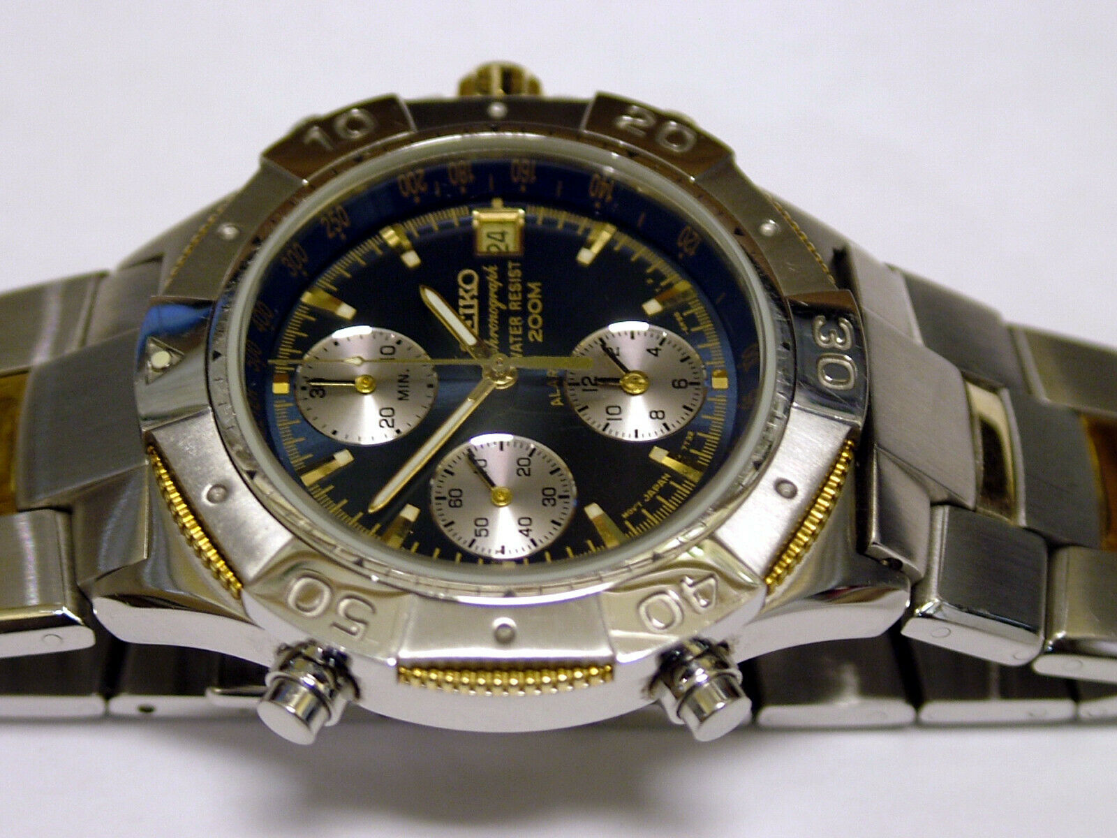 Rare Seiko 7T32-968J alarm chrono SS-18K gold mens wrist watch