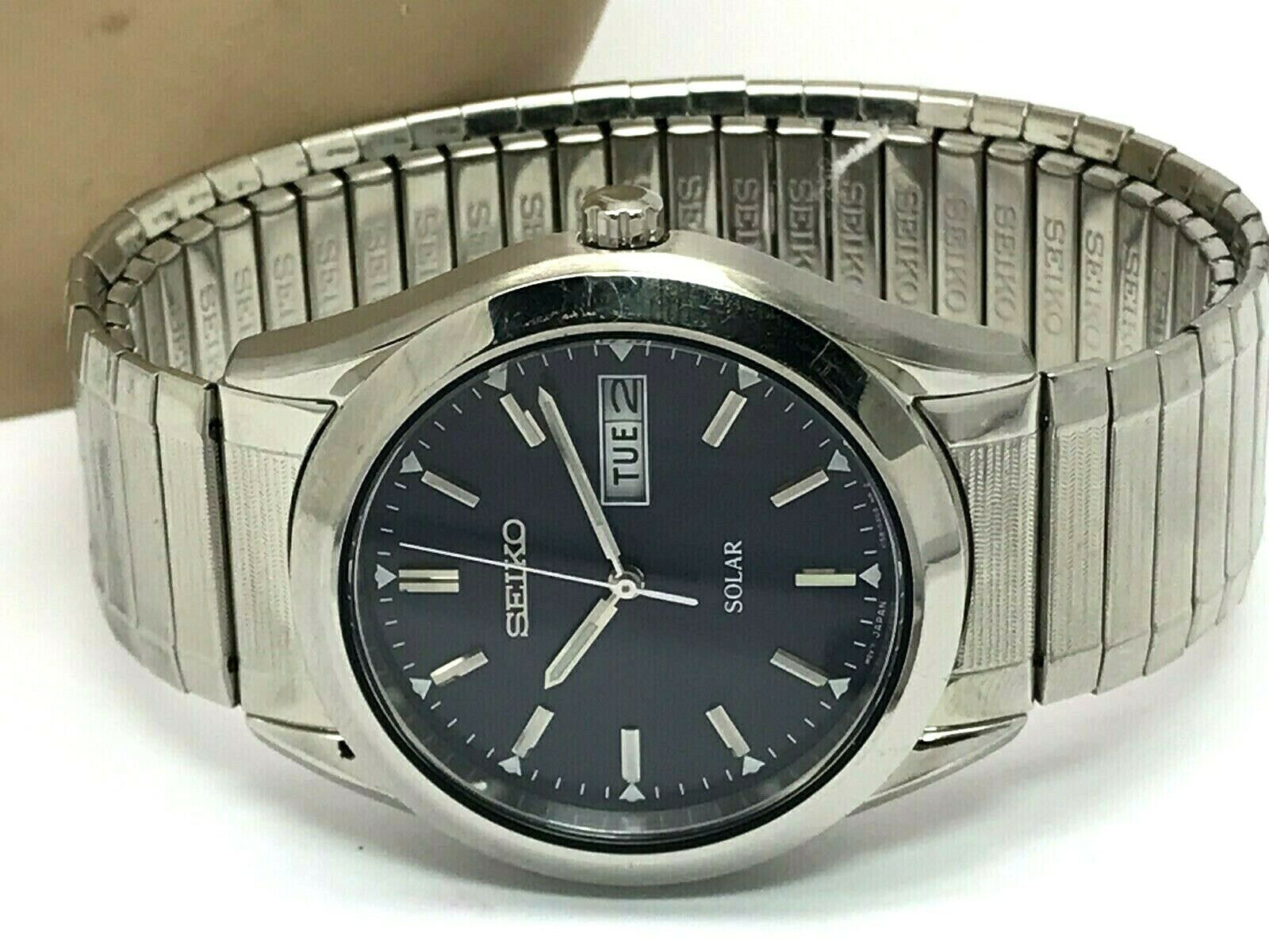 Seiko Solar V158-0AB0 Blue Dial Day Date Men 