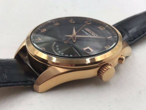 Mens Seiko Kinetic Rose Gold Black Leather Strap Watch 5M84