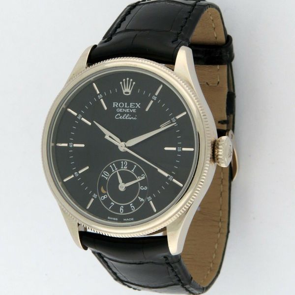 Rolex Cellini Dual Time 18K White Gold 50529 Black Guilloche Dial 39mm ...