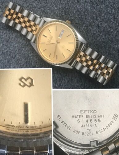 Vintage SEIKO SQ 6923-809L R Two Tone Mens Quartz Day Date Watch