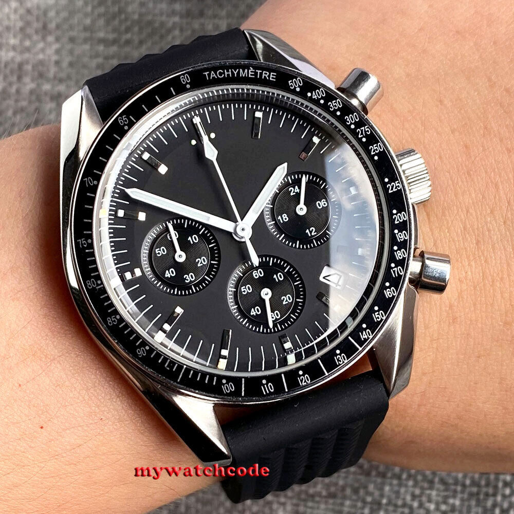 40mm Bliger Sterile Black White Dial Solid Full Chronograph Quartz