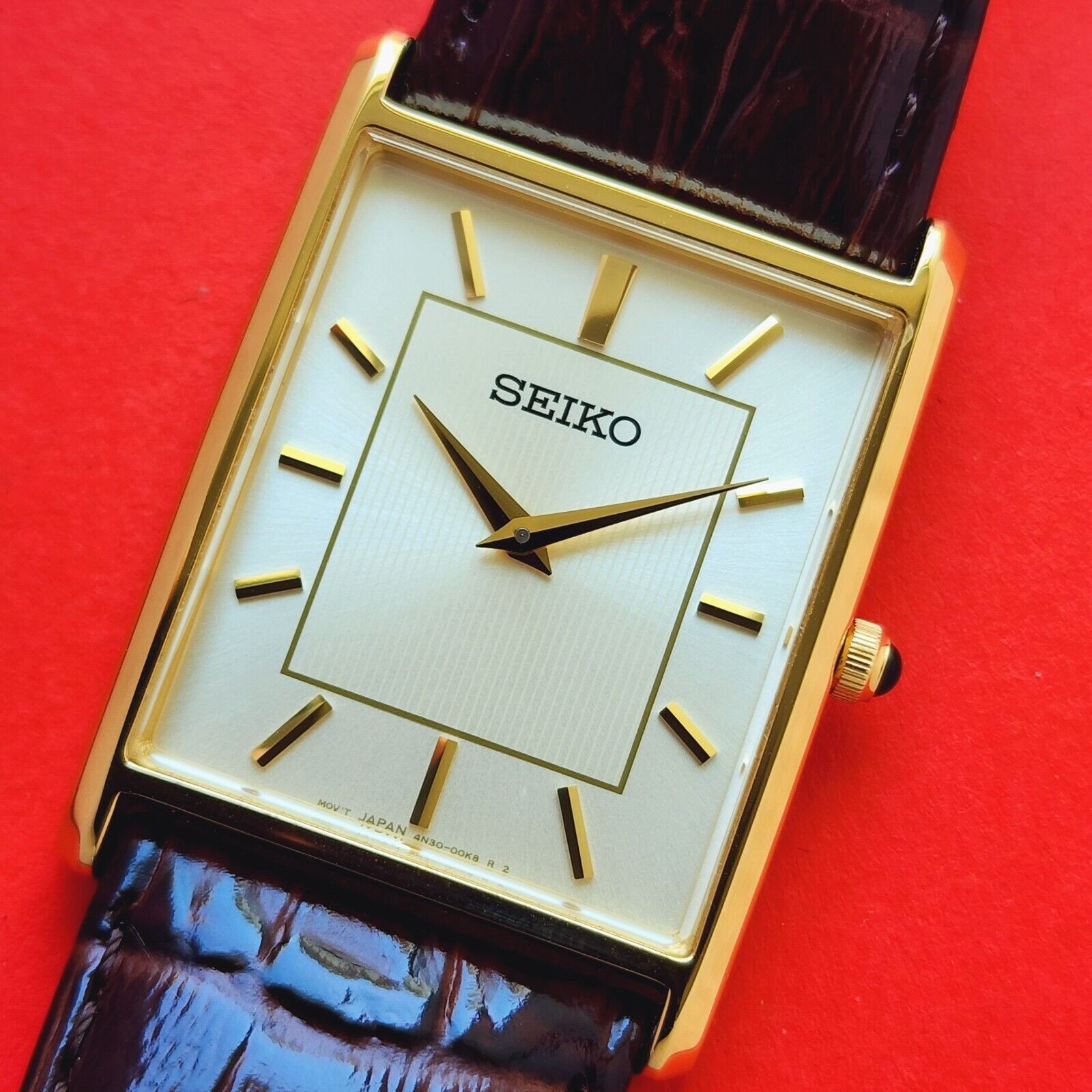 Seiko Tank Watch Brown Leather Band With Box Card 4N30 00G0 28mm