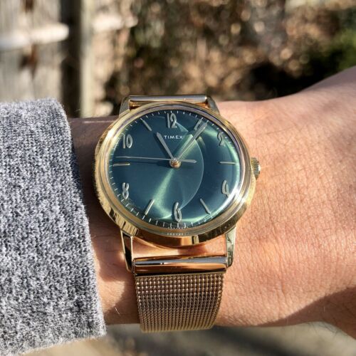 Timex Marlin Gold/Green 34mm Handwound 60's Reissue. Original Box and Strap  incl | WatchCharts