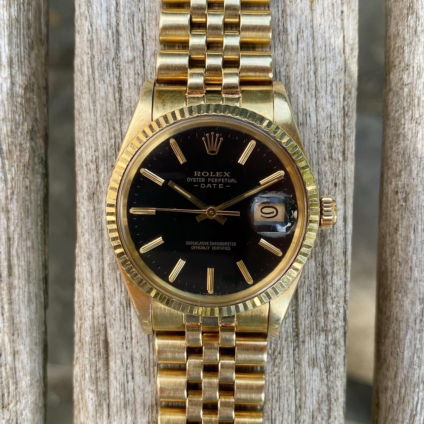1983 Rolex 15037 Oyster Perpetual Date 34mm Quickset Yellow Gold Black Dial WatchCharts Marketplace