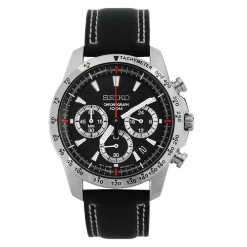 Seiko Chronograph SSB033 Black Dial Black Leather Band Quartz Mens ...