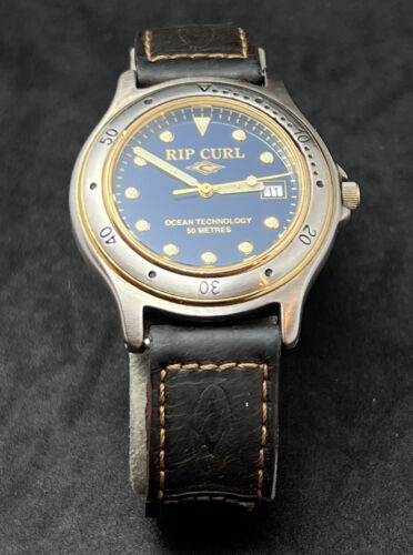 Vintage RIP CURL Ocean Technology Mens Surf Watch 38mm Steel Gold