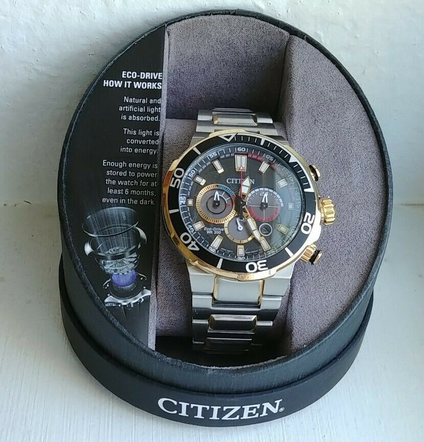 Men s Citizen Eco Drive Chronograph Watch B620 S117020 Two Tone Band WR200 NIB WatchCharts