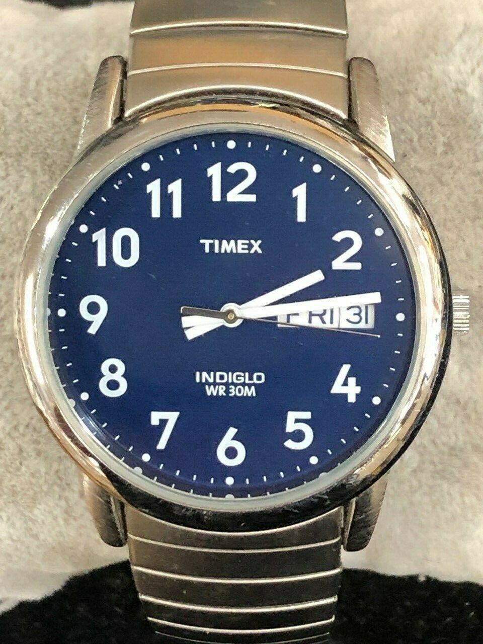 Men's TIMEX Indiglo Day Date Silver Tone WR 30m Blue Dial Watch New Battery  | WatchCharts