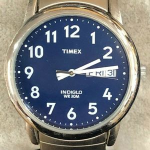 Men's TIMEX Indiglo Day Date Silver Tone WR 30m Blue Dial Watch New Battery  | WatchCharts