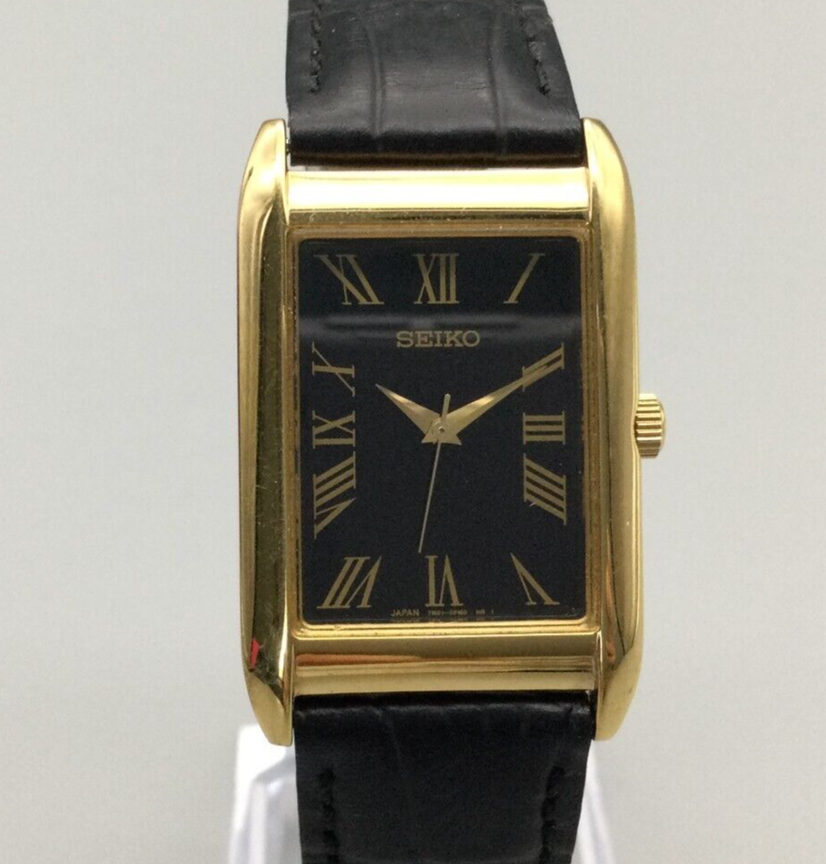 Seiko Tank Watch Men Gold Tone 7N01-0BM0 24mm Leather Band New