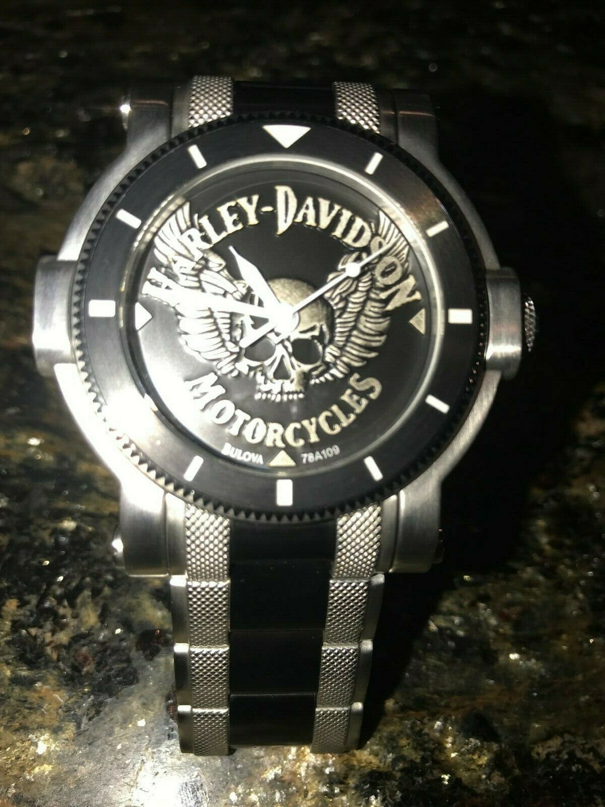 Harley Davidson Bulova Men s Stainless Steel 78A109 Winged Skull Watch Stainless WatchCharts Marketplace