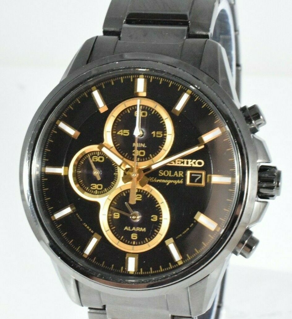 Black & Gold Seiko Stainless Steel Solar Chronograph Alarm Men's