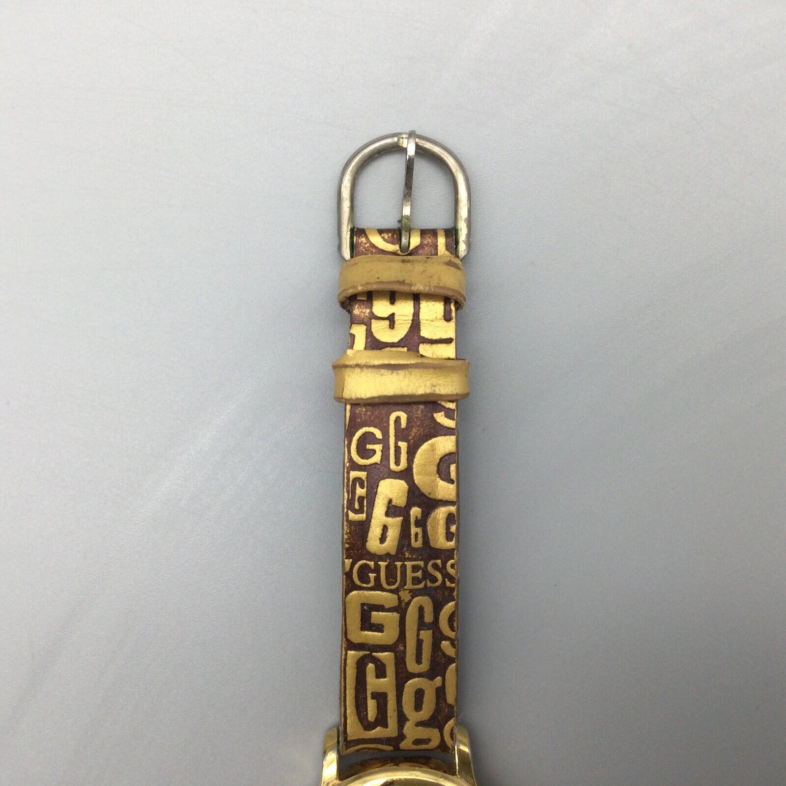 Vintage Guess Watch Women Gold Tone Logo Leather Band 1996 