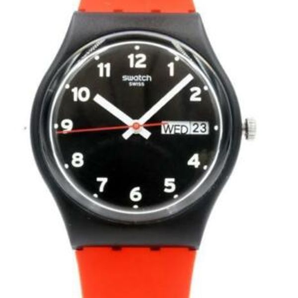 New Swiss Swatch Originals Red Grin Silicone Day Date Watch 