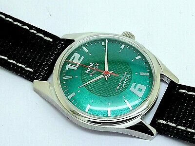 genuine hmt pilot hand winding mens steel green dial 17j vintage