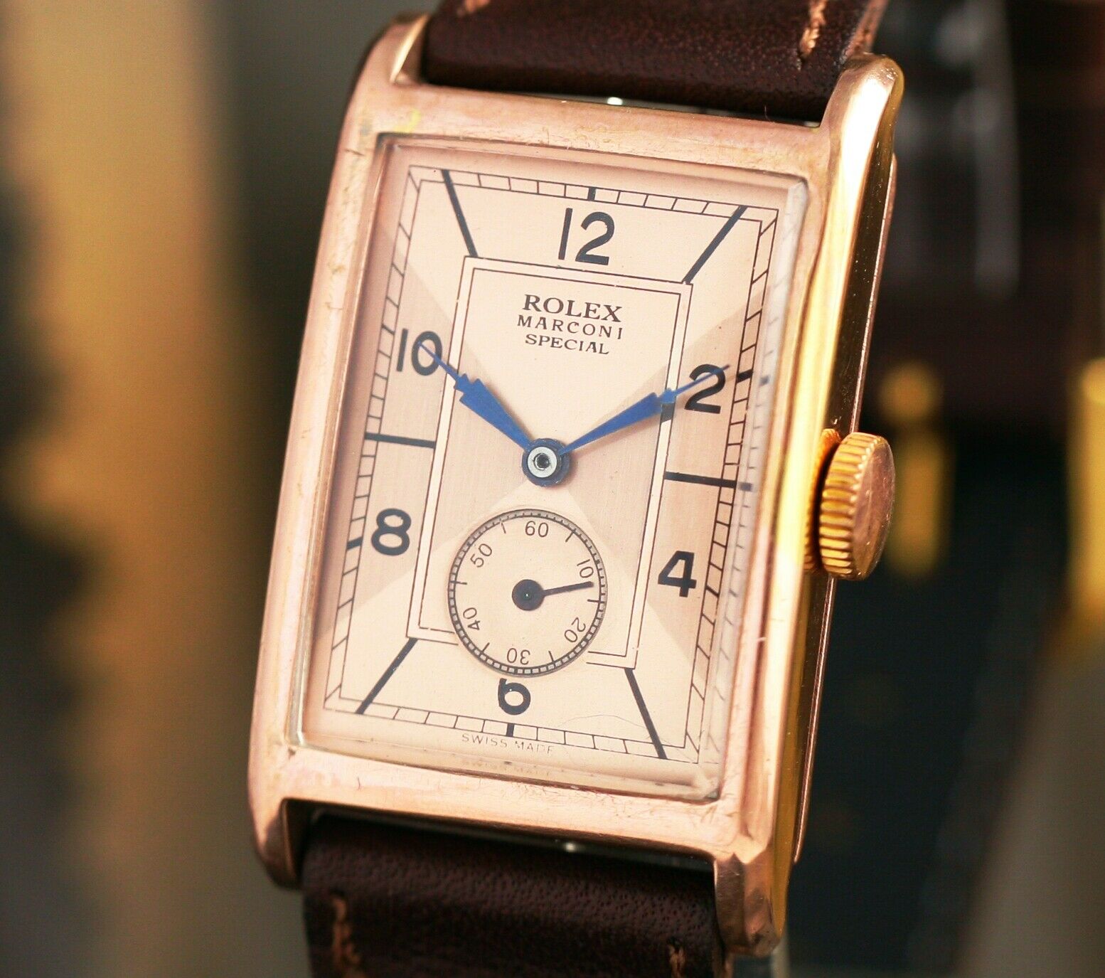 VINTAGE ROLEX MARCONI WATCH SALMON DIAL 18K GOLDPLATED RECTANGULAR