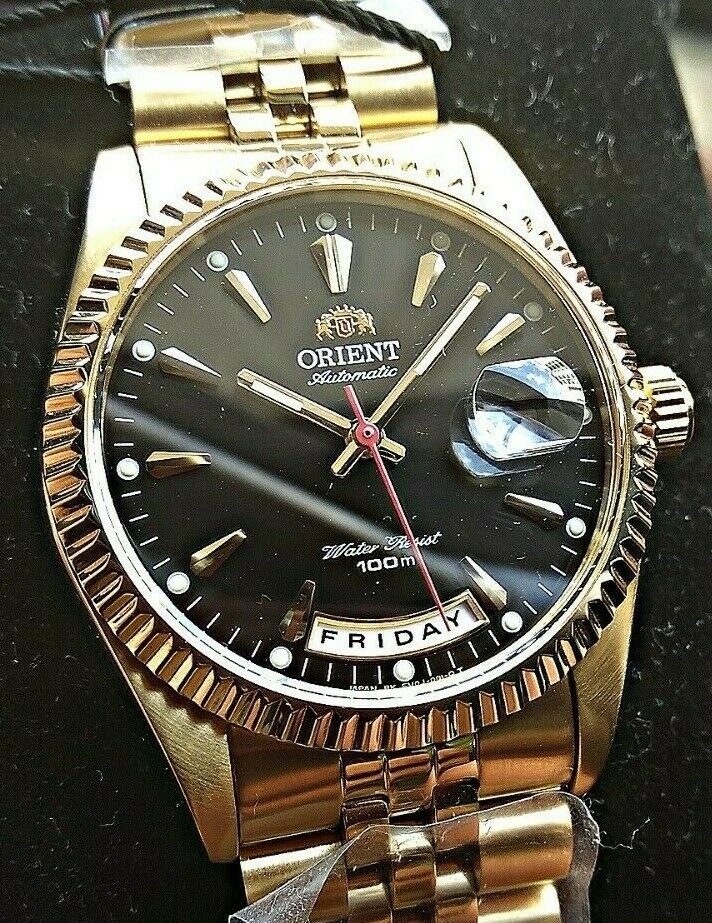 Orient President Day Date Gold Discon. Black Sunburst Dial + G