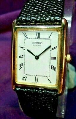 New Battery~Seiko 6530-5550 Mens Gold Plated Tank Quartz Watch-New