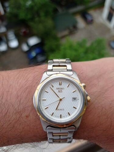 Seiko Dolce Ags Rare Kinetic Mens Watch 18kt Gold Bezel 3m22-0a80