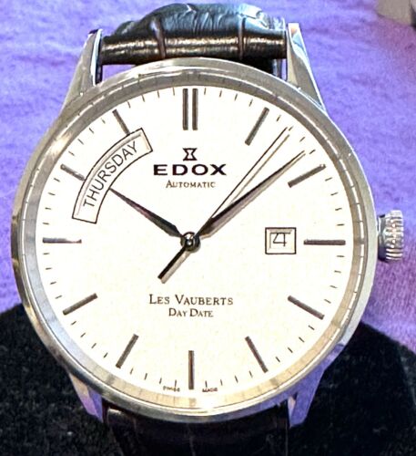 Edox Les Vauberts 40mm day date Swiss automatic watch silver dial