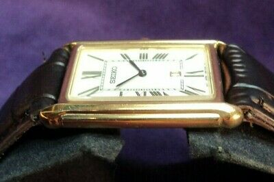 Seiko 7N89 0AD0 Mens Gold Plate Full Size Tank Quartz Watch NEW