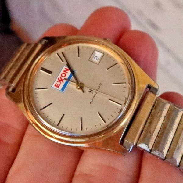 RARE Vintage Men's Hamilton Swiss Watch Wristwatch Exxon Gas Oil Date ...