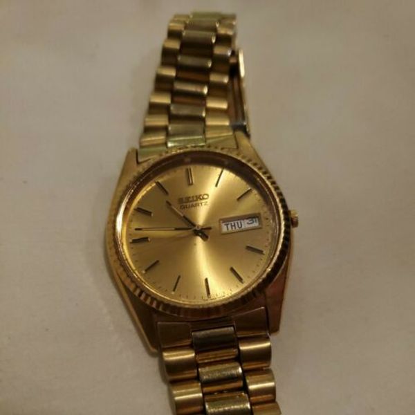 Mens Seiko Quartz Day/Date 7N438111 Watch Gold Tone Band WatchCharts