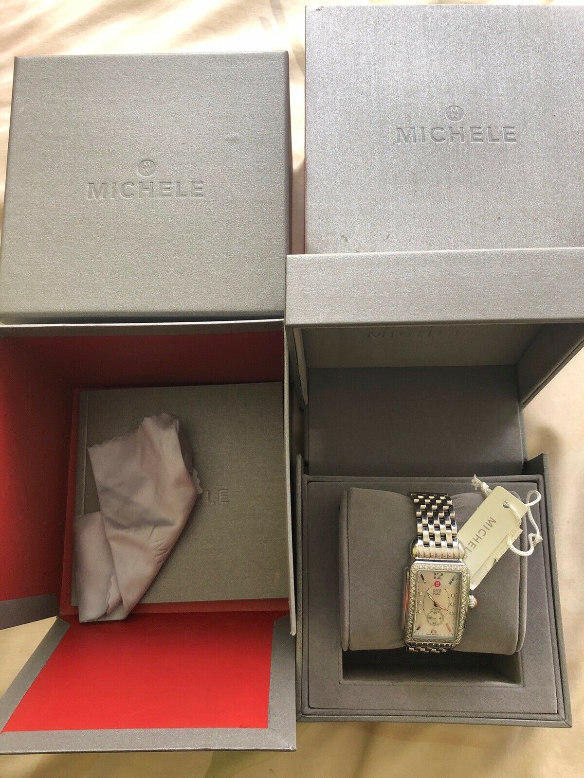 Stainless Michele Deco .57cts Diamond Mother of Pearl Dial Watch