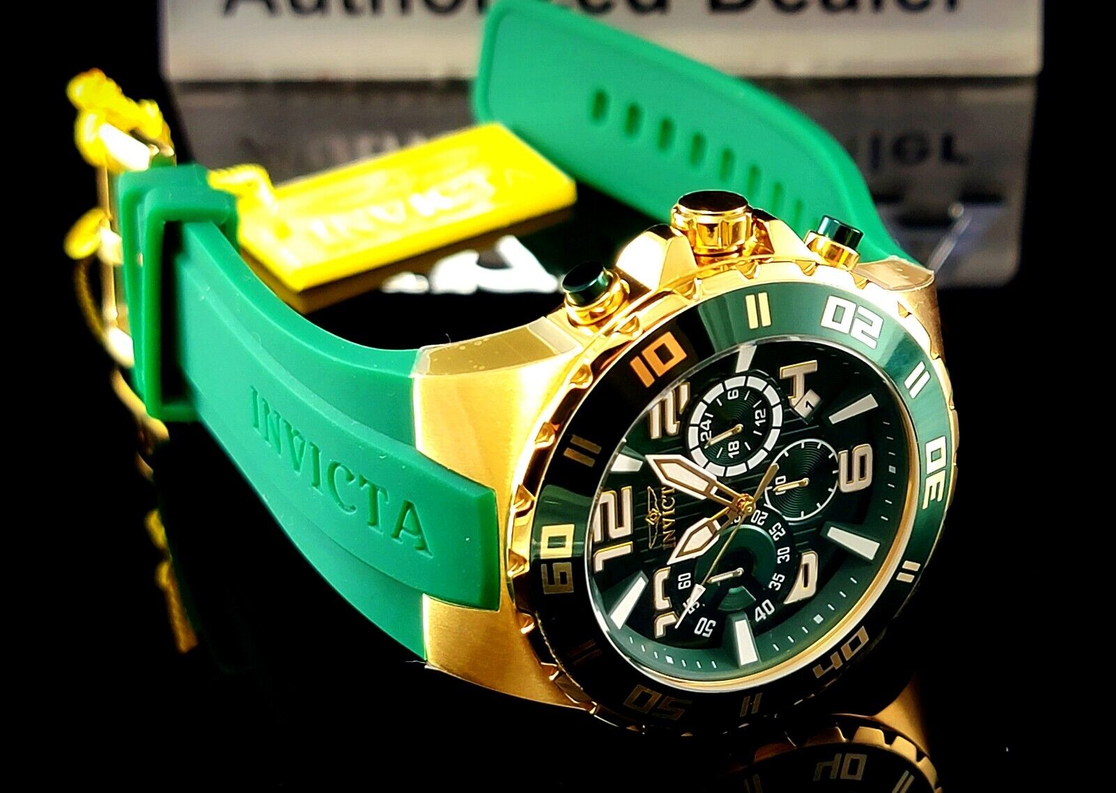 NEW Invicta Mens 48mm PRO DIVER Japan Chronograph Gold Tone Green Silicone Watch WatchCharts Marketplace