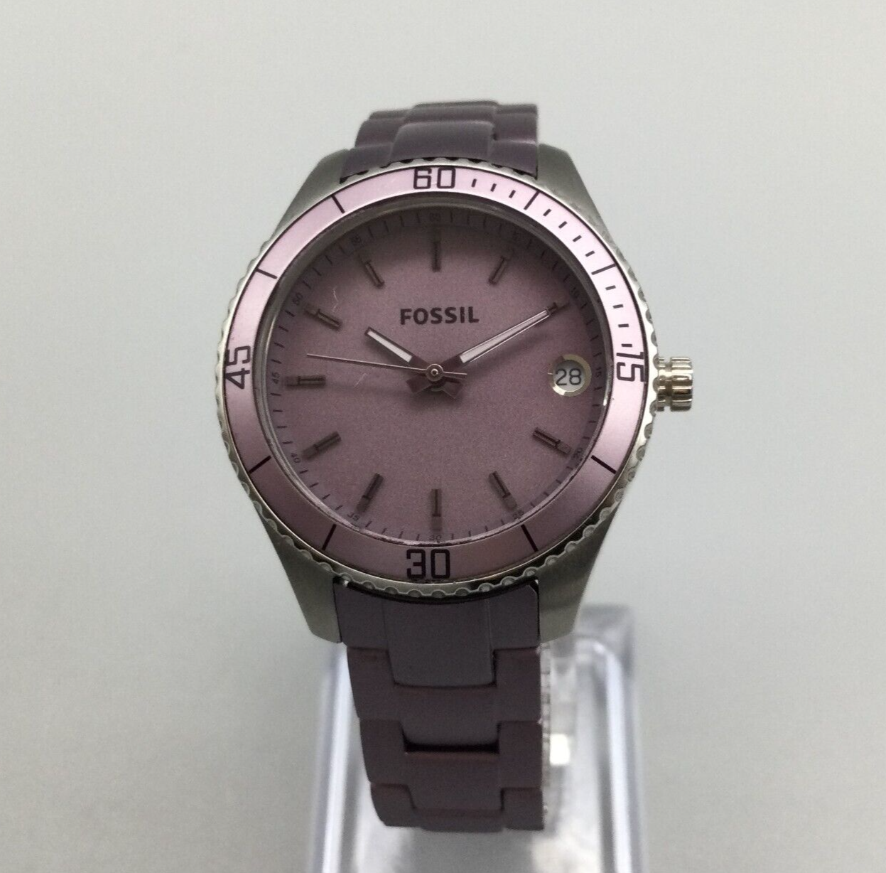 Vintage Fossil Silver-Tone Watch with Purple Dial, Crystal Markers, 6.5\
