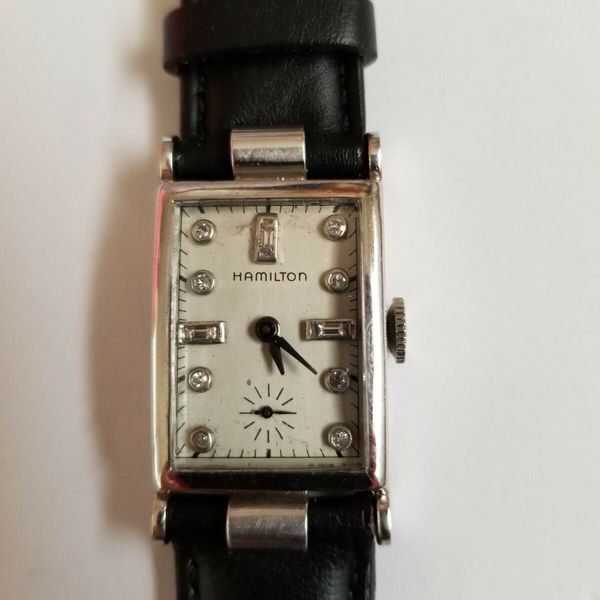 Hamilton Rectangular Platinum Wrist Watch with Hooded Lugs and Diamond ...