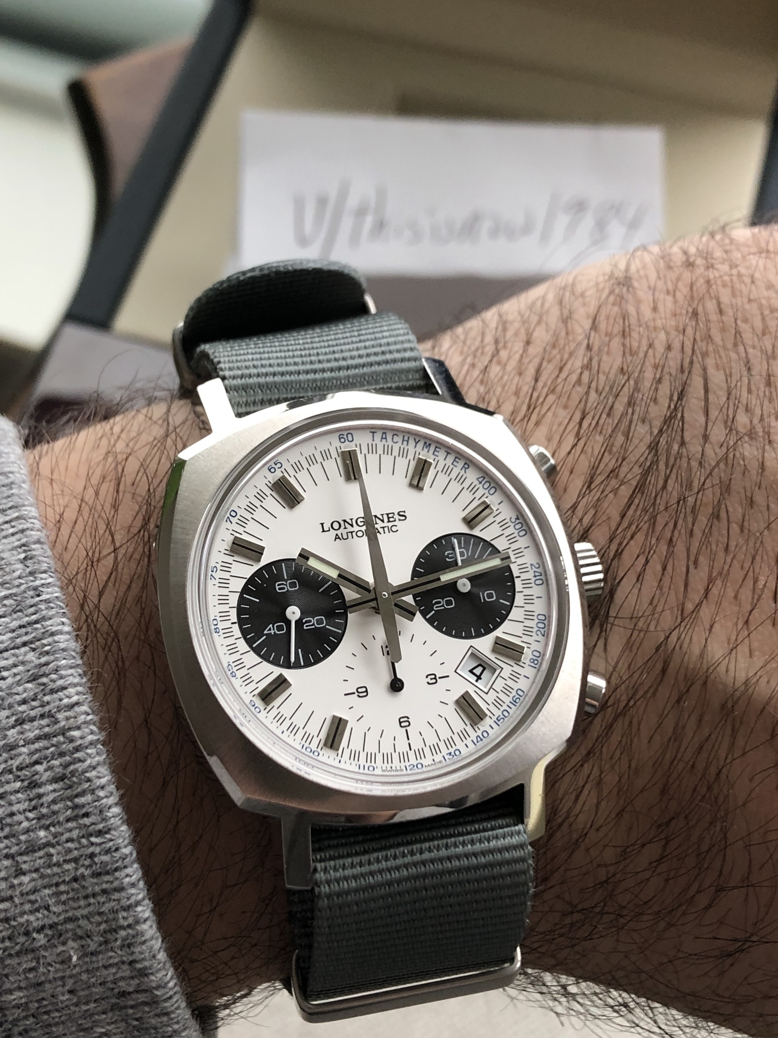 WTS Longines Heritage 1973 Panda Dial Cushion Case Column Wheel