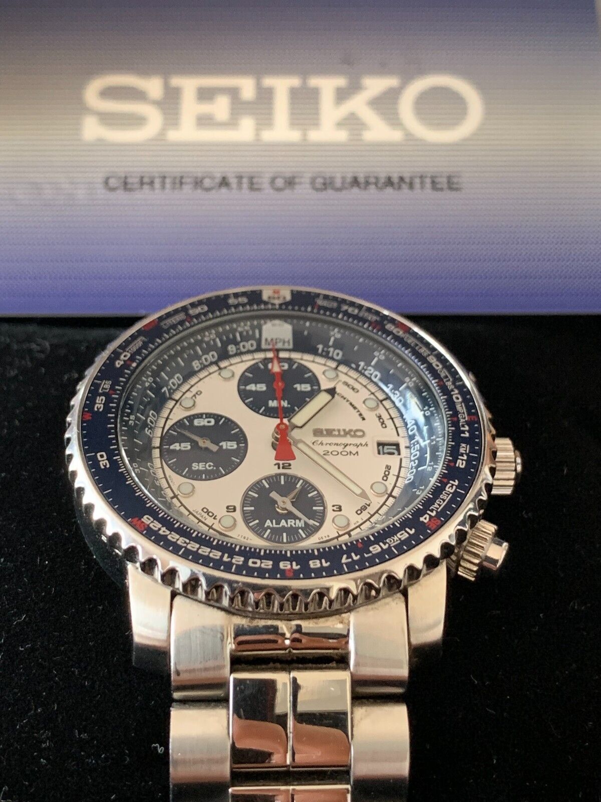 Seiko Flightmaster Chronograph 7t62 0eb0 ALARM White Blue SNA413 Complete Set WatchCharts Marketplace