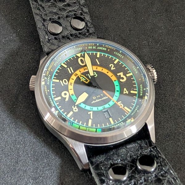 AVI-8 Orologio automatico da uomo Flyboy Wingman Worldtimer GMT 41 mm con cinturino in pelle AV-4120, Blu Potere, 22mm Blue Genuine Leather Strap, Wingman Worldtimer GMT Automatico