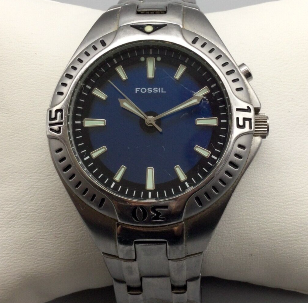Fossil Big Tic Watch Men Silver Tone AM-3538 Blue Green Dial