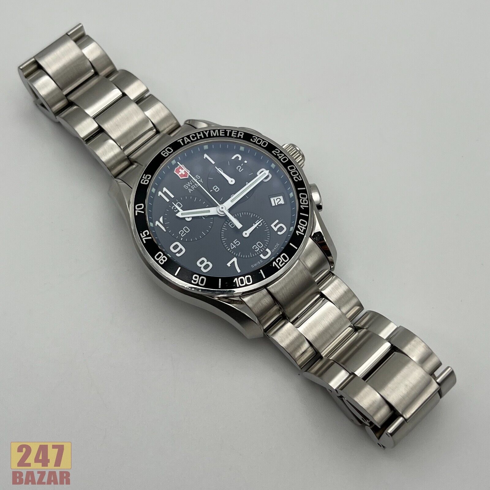 Victorinox SWISS ARMY Quartz 241122 Black Dial Date Chrono SS