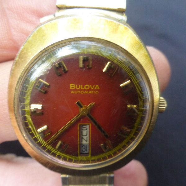 Vintage 1972 Bulova Automatic Down Day Date Watch 10K RGP Back Mens