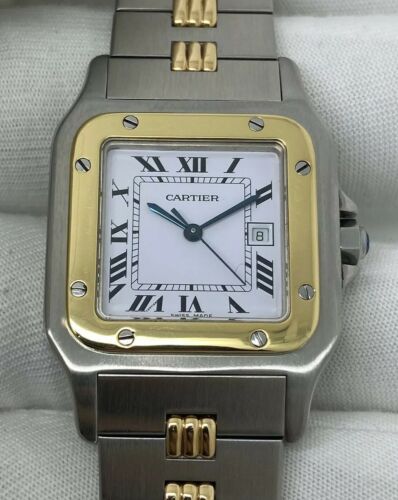 Gents Cartier Santos Godron Automatic Steel 18ct Gold White Dial