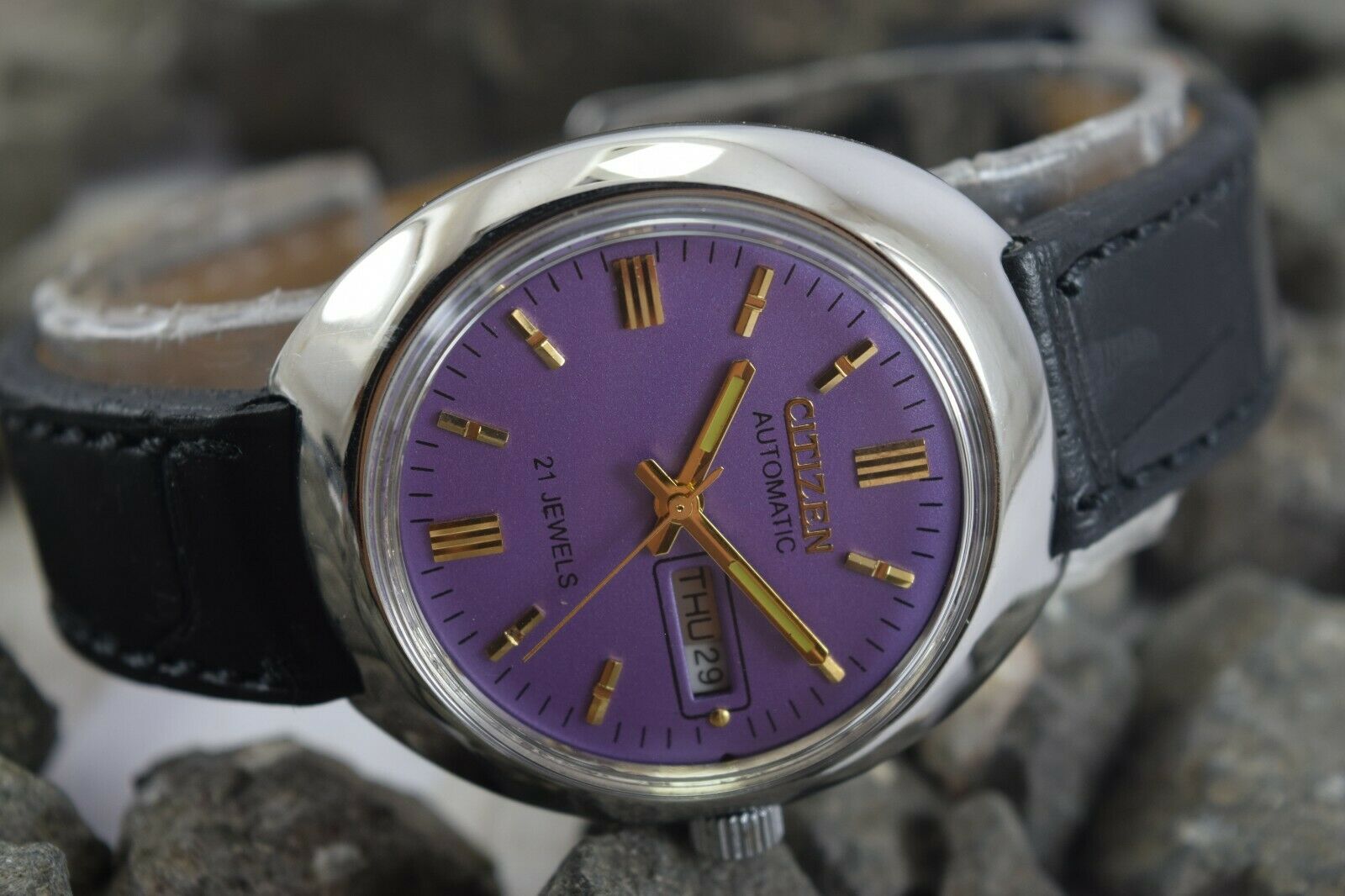 Vintage Automatic 1970s Citizen Mens Silver Watch with Purple hotsell Face