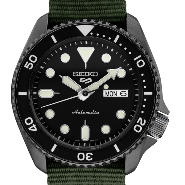 NEW SEIKO SRPD91 5 SPORT BLACK ION FINISH WATCH WITH GREEN NYLON STRAP ...