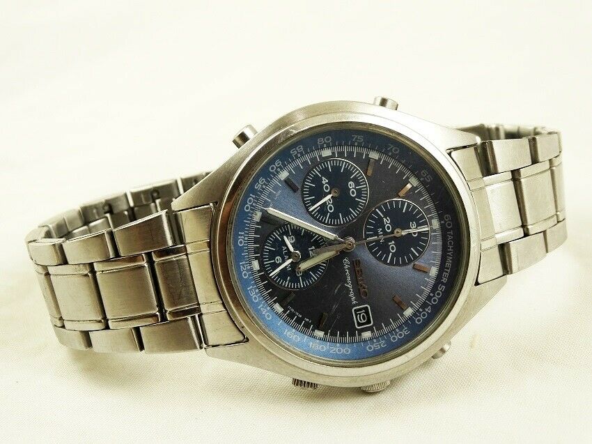 SEIKO 7T32-7C60 Alarm Chronograph Blue S. Steel Japan Mens Quartz