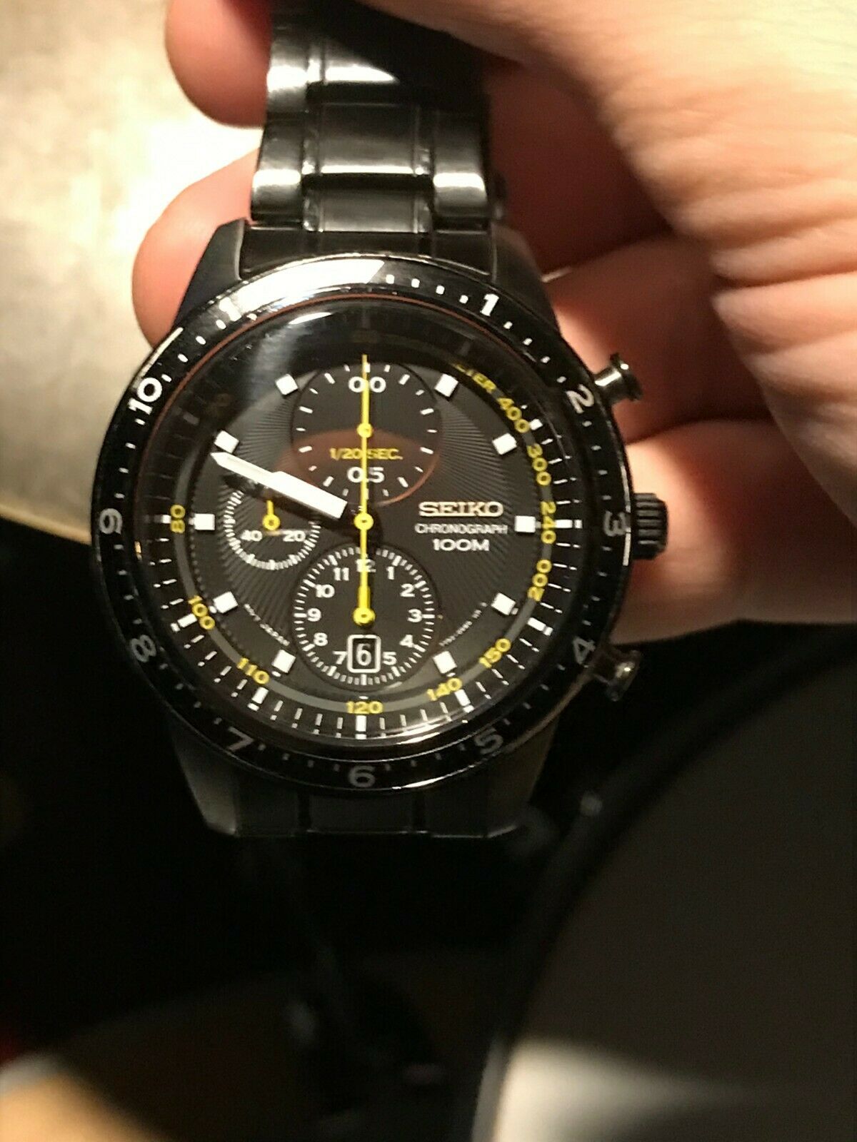 Seiko 100m Chronograph Black Dial White Time Hands Yellow Chrono