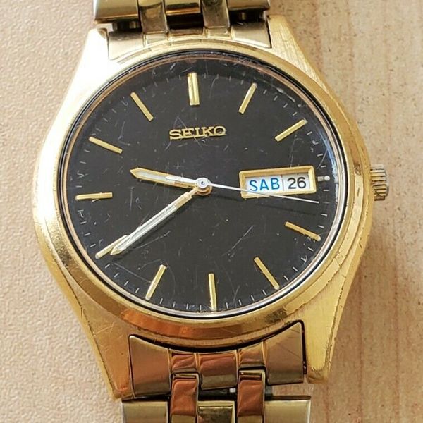 Vintage SEIKO 7N43-9048 Day Date Men's Watch Gold Dial Original ...