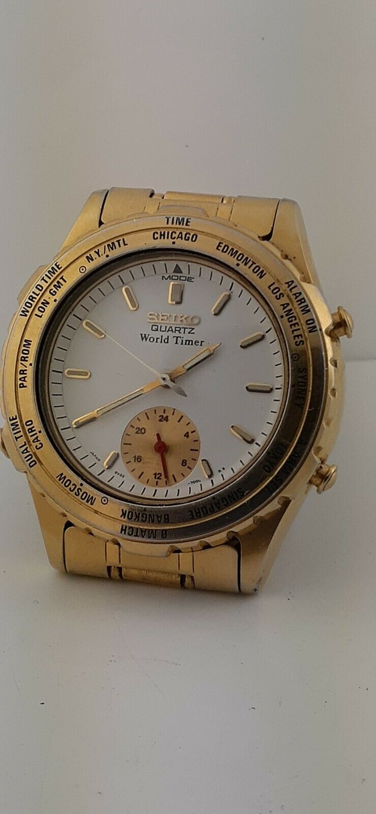 SEIKO QUARTZ WORLD TIMER 8V22 7000 GOLD PLATED RUNNING CONDITION