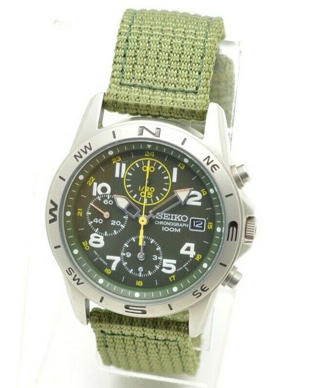 Seiko Chronograph Watch 100M 7T92-0DX0 Military Green Strap