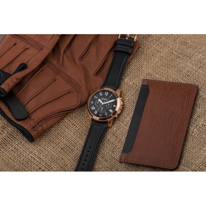 Fossil grant chronograph navy leather online watch